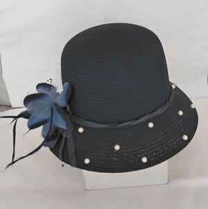 Vtg Elegant Navy Hat with Blue Floral Accent